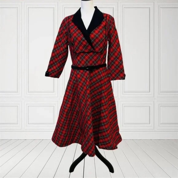 UNIQUE VINTAGE Trudy Red Plaid Dress 50s style swing dress with Black Accents - Picture 2 of 3